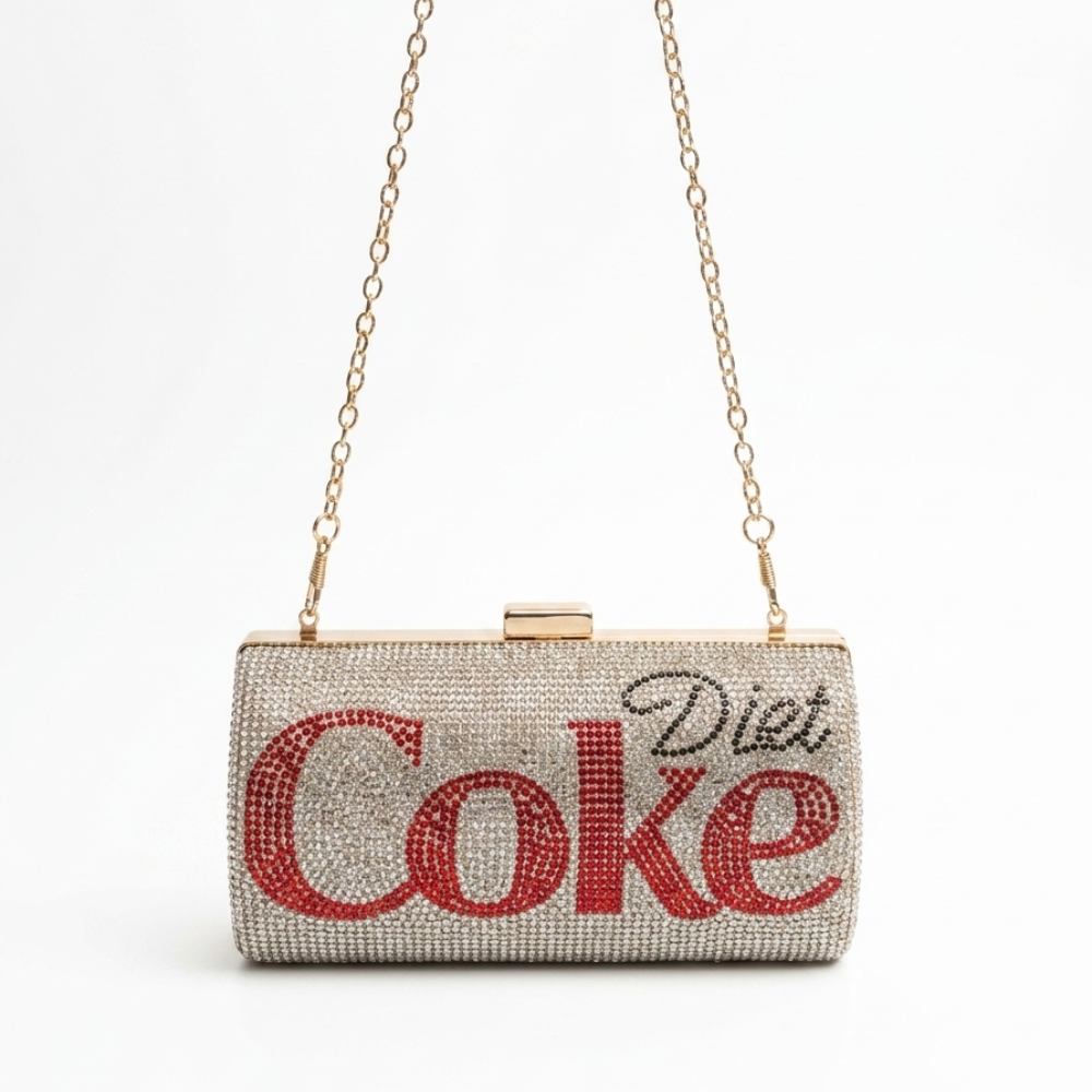 A rhinestone-covered clutch purse with a gold-tone chain strap and clasp, featuring the word 'Coke' in large red letters and 'Diet' in black script on the front, set against a plain white background.