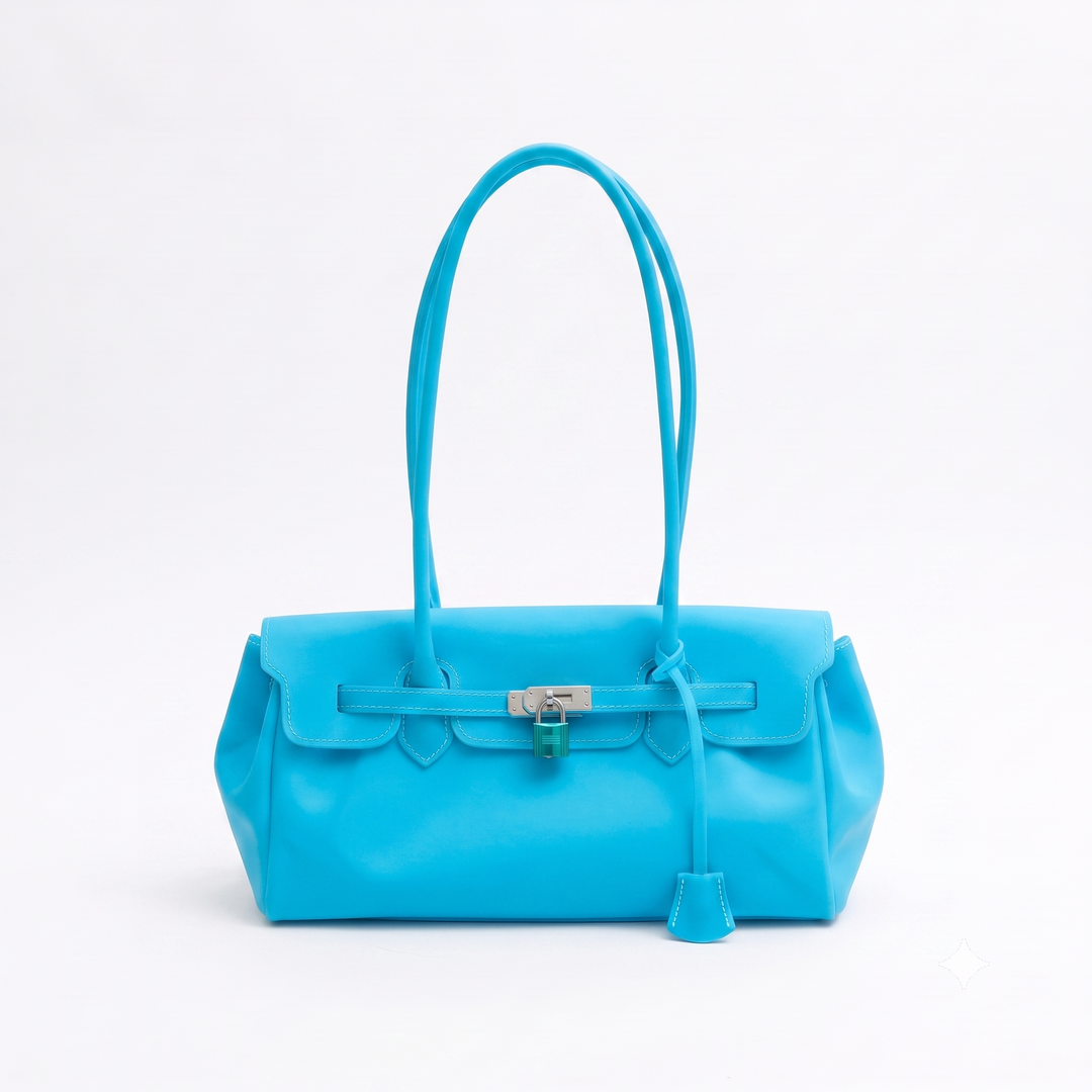 A bright turquoise blue leather handbag with double top handles, a front flap, and a silver-tone turn-lock closure, 