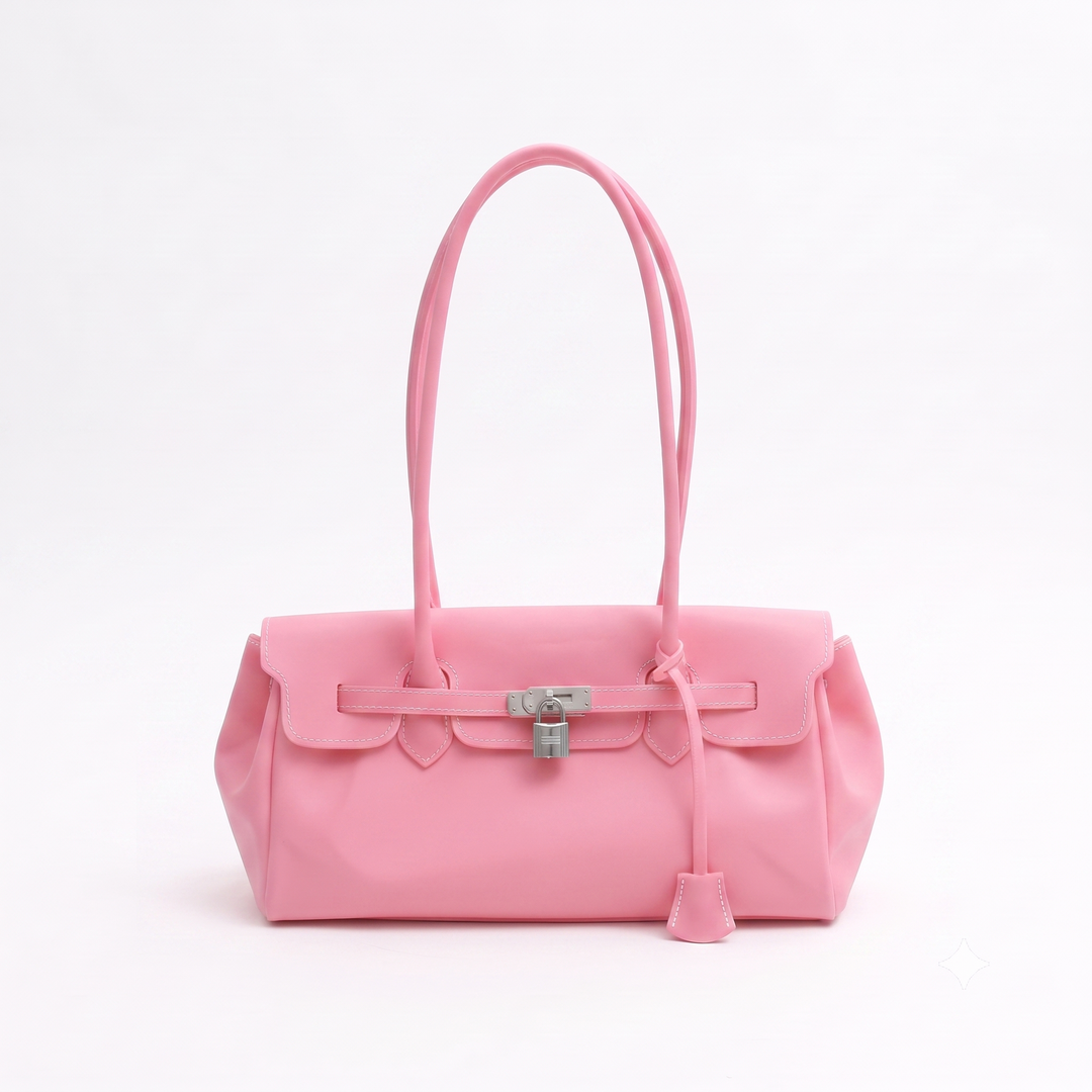 A light pink leather handbag with dual top handles, a front flap, and a silver-toned turn-lock clasp, photographed against a plain white background.