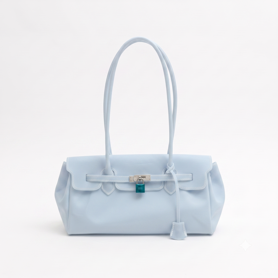 A light blue leather handbag with a structured rectangular shape, dual top handles, a front flap, and a silver-tone turn-lock closure with a small teal tag, photographed on a clean white background.