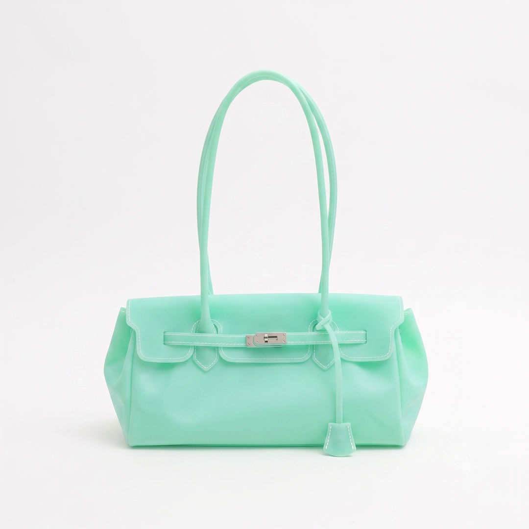 A mint green leather handbag with dual top handles, a front flap, and a silver-toned turn-lock closure, shown on a plain white studio background.