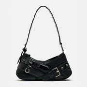 A sleek black faux leather shoulder bag featuring silver buckle details, eyelet embellishments, and an adjustable strap for a modern, edgy look.