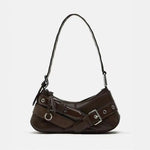 Load image into Gallery viewer, A deep brown faux leather shoulder bag with stylish silver hardware, buckle accents, and a structured silhouette, perfect for versatile styling.

