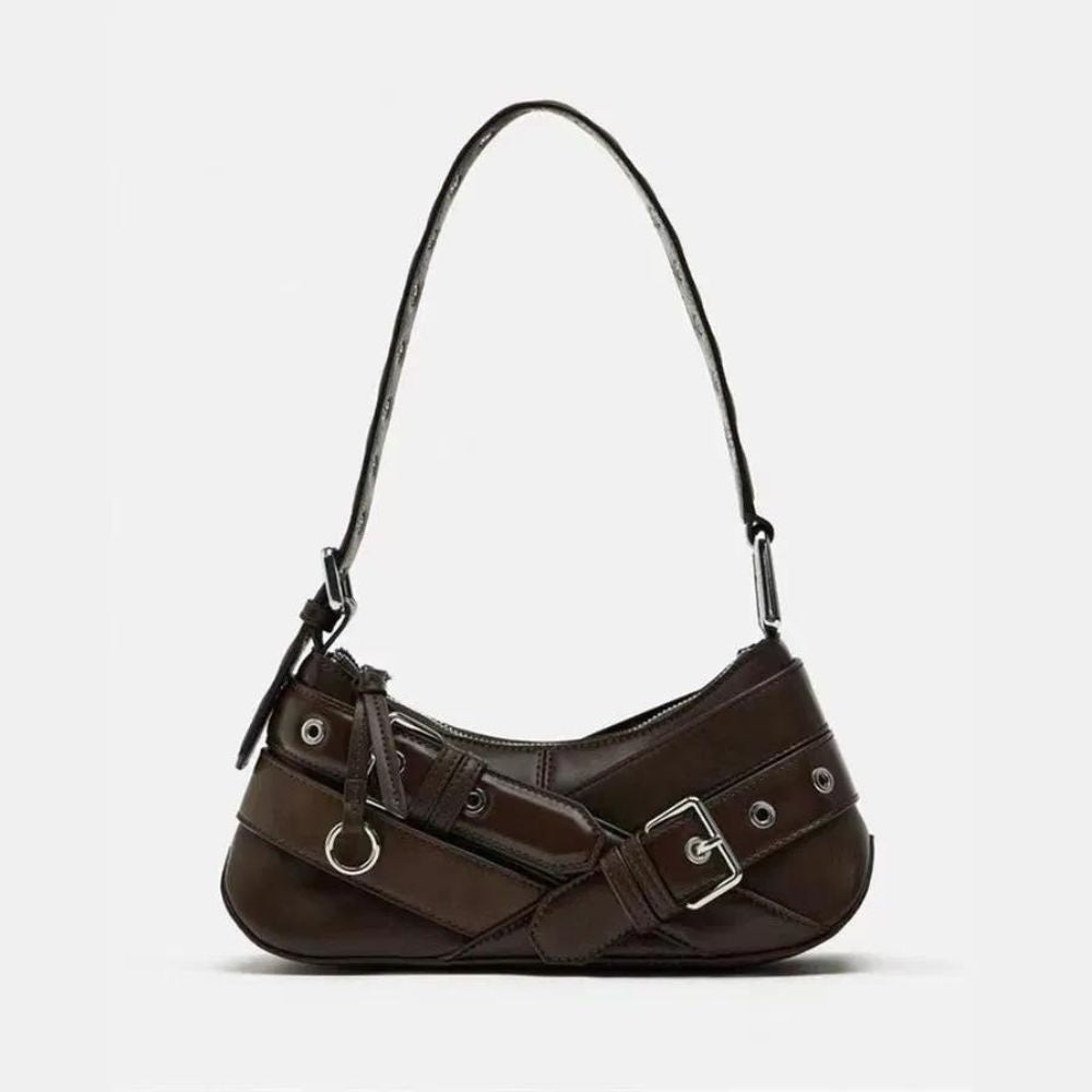 A deep brown faux leather shoulder bag with stylish silver hardware, buckle accents, and a structured silhouette, perfect for versatile styling.